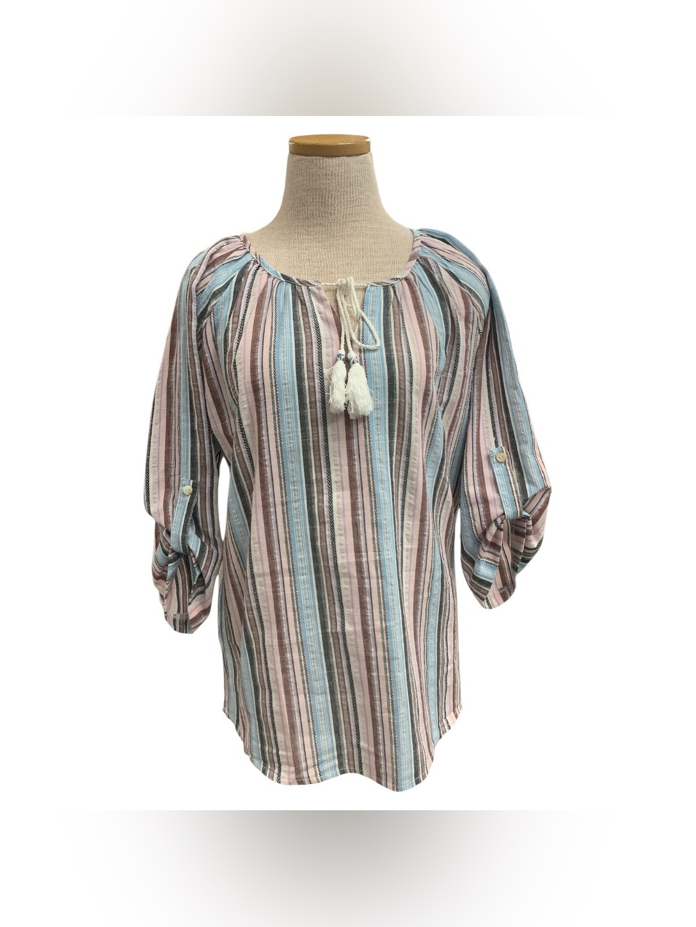 Creation Striped Tie-Front Peasant Blouse - Pink & Blue Size M